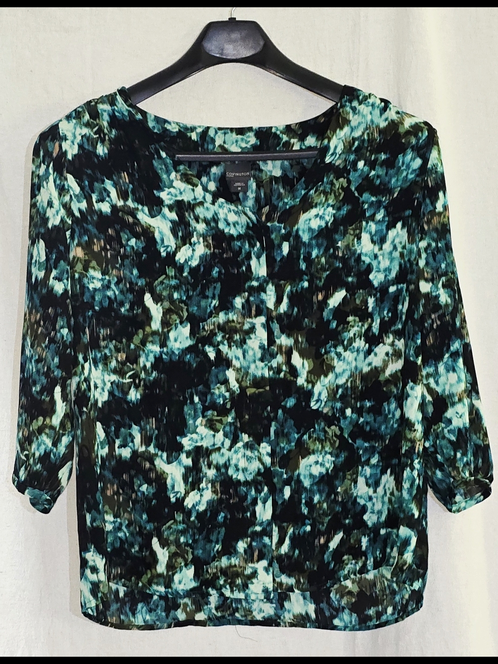 Covington 1X Abstract Print Blouse in shades of Teal with Black & Golden Brown